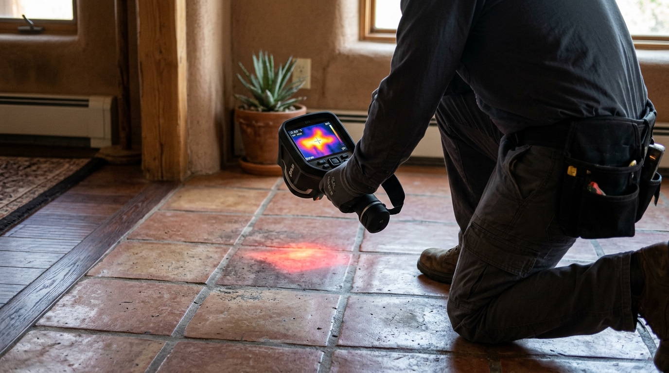 High-resolution thermal imaging camera highlighting an active hot water slab leak signature on residential floor