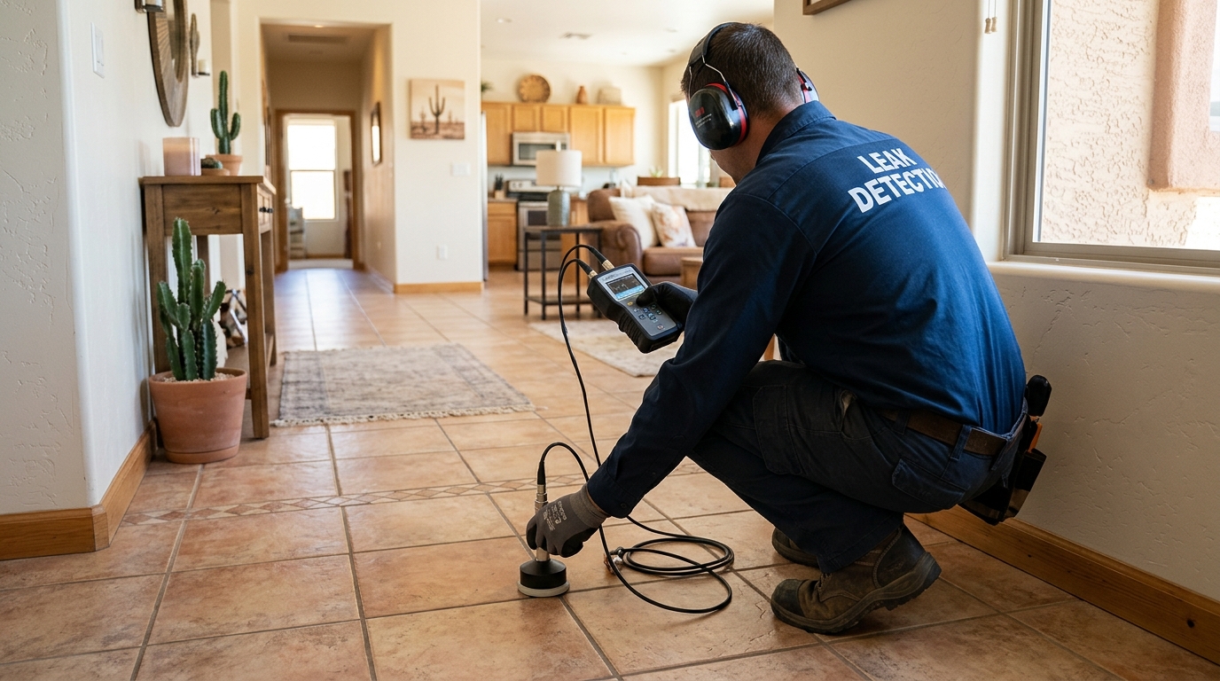 Plumbing diagnostic specialist scanning a concrete foundation floor with modern leak detection instruments in Woodland CA